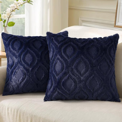 decorUhome Spring Throw Pillow Covers 20x20 Inch Set of 2, Soft Plush Faux Wool Navy Blue Solid Couch Pillow Covers, Accent Farmhouse Neutral Square Pillow Cases for Sofa Bed Living Room