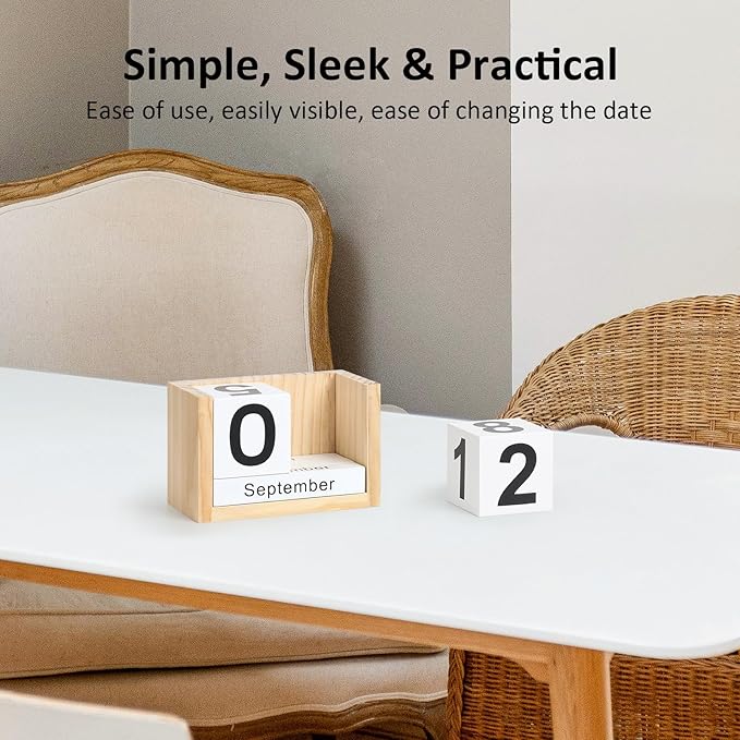 Wooden Block Calendar for Desk, Small Size Daily Desktop Perpetual Desk Calendar, Cute Date Display Desk Accessories for Home Office Decor, Teacher, Classroom, Reusable Yearly, Wood Grain
