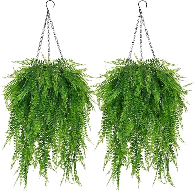 Fake Hanging Plant Outdoor Artificial Boston Fern Hanging Baskets 2 Set Fake Ferns Hanging Plants Artificial Decor 23.6" Artificial Ferns for Outdoors Front Porch Patio Garden Home Decor