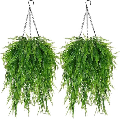 Fake Hanging Plant Outdoor Artificial Boston Fern Hanging Baskets 2 Set Fake Ferns Hanging Plants Artificial Decor 23.6" Artificial Ferns for Outdoors Front Porch Patio Garden Home Decor