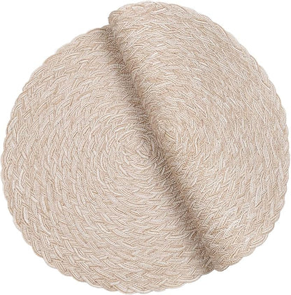 SHACOS Round Braided Placemats 15 inch Set of 4 Boho Woven Washable Kitchen Table Placemats for Home Wedding Party (T-Beige, 4)