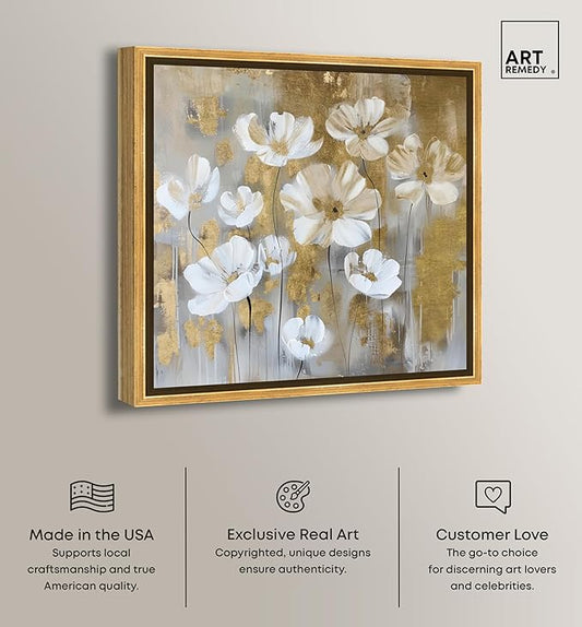 Art Remedy Golden Daisies Canvas Elegant White Gold Wall Art, Gold Frame, 30" x 30"