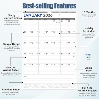 GuassLee Large Wall Calendar 2026-2027, 22"x15" Vertical Wall Calendar 2026, Jan. 2026 to Jun. 2027, 18-Month Paper Hanging Planner Wall with Julian Date for Office Home Planning & Organizing