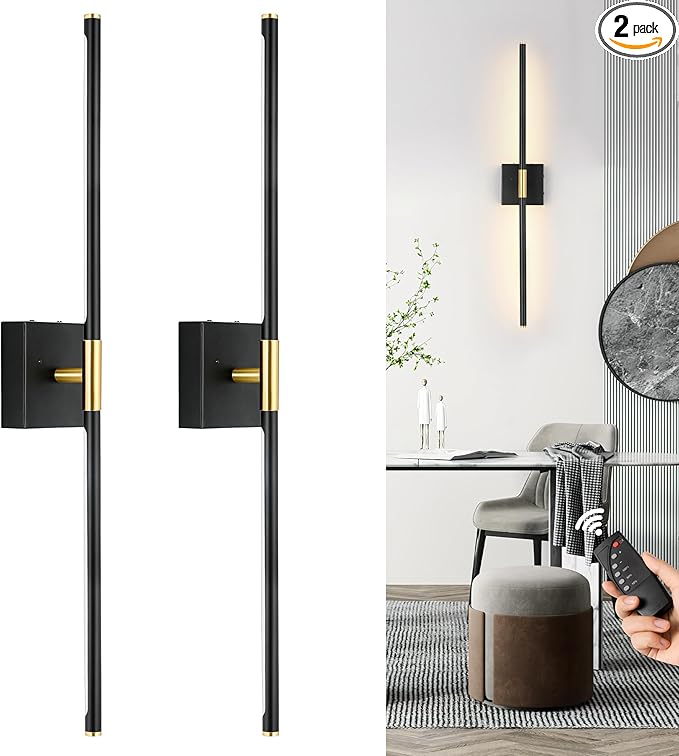 30 Inch Battery Operated Wall Sconces Set of Two, Dimmable Wall Sconces with Remote Control, Black Gold Rechargeable Sconces, LED Wireless Wall Lights for Bedroom, Living Room, Bathroom