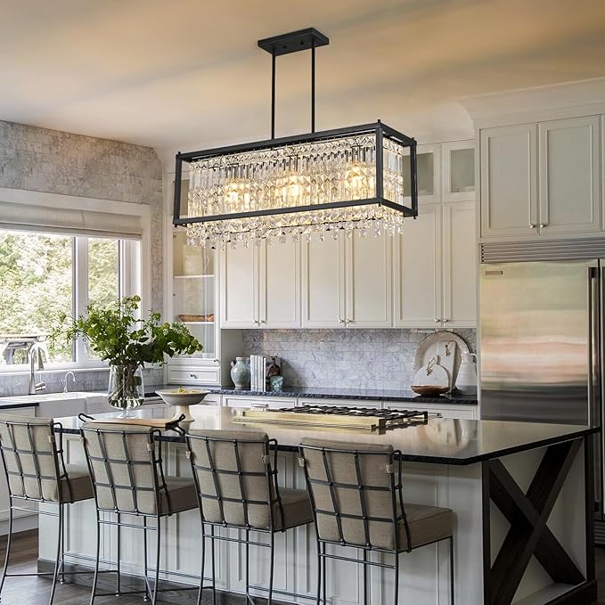 LMQNINE Modern Rectangle Chandelier for Dining Room, Black Crystal Chandelier Linear Light Fixture, Farmhouse Chandeliers for Kitchen Island, Bar Table, L30.7'' x W9.84'' x H8.66''