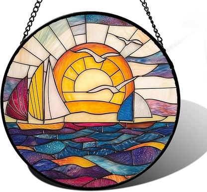 DASTOLL Stained Glass Window Hanging, Sailboat and Waves Suncatcher Diamond Glass Panel Hangings Sun Catchers Decor for Birthday for Women, Men, Wife, Aunt, and Mom 7.8 in