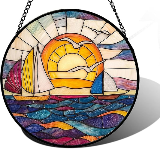 DASTOLL Stained Glass Window Hanging, Sailboat and Waves Suncatcher Diamond Glass Panel Hangings Sun Catchers Decor for Birthday for Women, Men, Wife, Aunt, and Mom 11.8x11.8 in