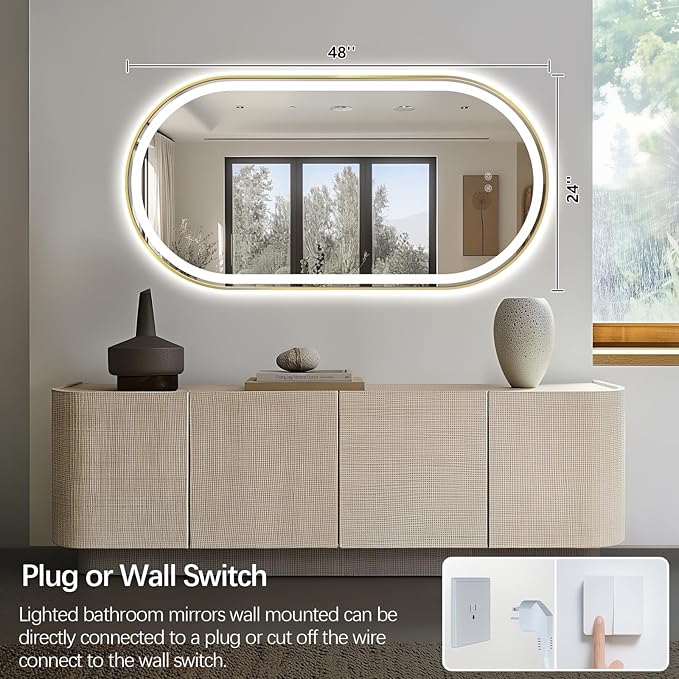 Niccy Oval LED Mirror for Bathroom, 48x24 Front Lit + Backlit Vanity Mirrors with Light Anti-Fog, Shatter-Proof, 3 Colors, Makeup Mirror with Old Gold Frame (Horizontal/Vertical)