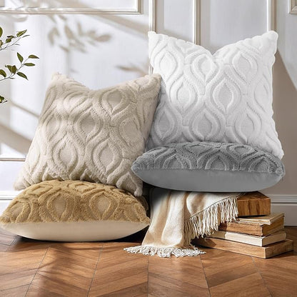 decorUhome Spring Throw Pillow Covers 20x20 Inch Set of 2, Soft Plush Faux Wool Beige Solid Couch Pillow Covers, Accent Farmhouse Neutral Square Pillow Cases for Sofa Bed Living Room