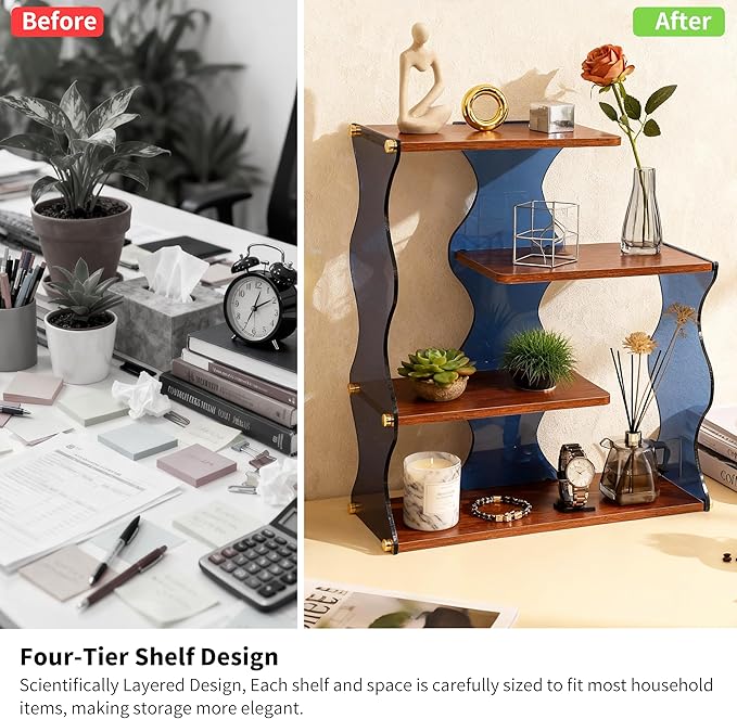 Acrylic Wave Desktop Organizer, 4-Tier Wood Shelf Display Stand for Desk, Bathroom, Kitchen & Closet — Modern Storage Rack for Cosmetics, Office Supplies, Mugs, Plants, Spices and Small Decor