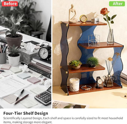 Acrylic Wave Desktop Organizer, 4-Tier Wood Shelf Display Stand for Desk, Bathroom, Kitchen & Closet — Modern Storage Rack for Cosmetics, Office Supplies, Mugs, Plants, Spices and Small Decor