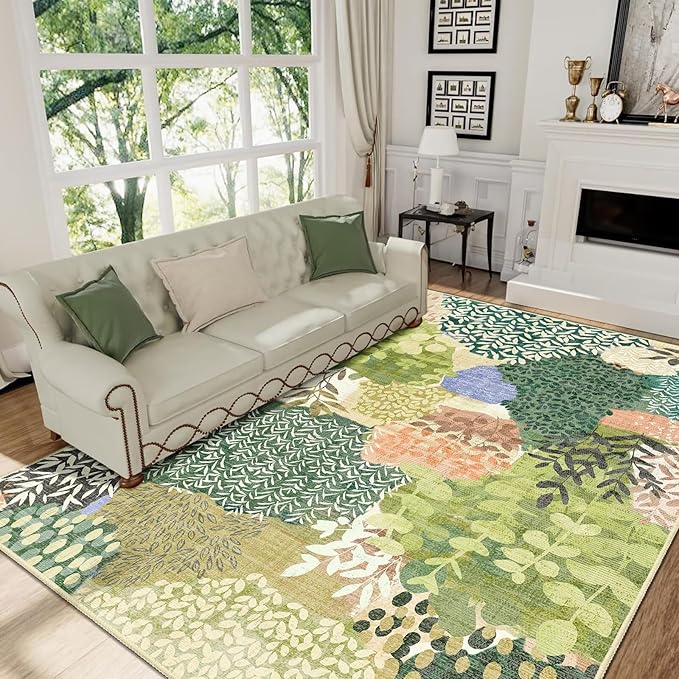 DEXDE 8x10 Area Rug, Soft Washable Abstract Area Rugs Non-Slip Vintage Boho Rug Leaves Floral Print Carpet for Living Room, Bedroom, Entryway, Office, Dining Room, Kids Playroom,Green