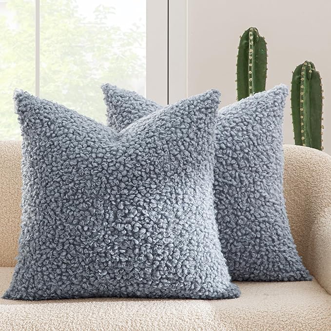 MIULEE Pack of 2 Dusty Blue Faux Fur Throw Pillow Covers 18x18 Inch Boucle Decorative Sherpa Pillow Covers Fuzzy Accent Soft Sheepskin Fleece for Boho Home Decor Sofa Living Room Couch Bed