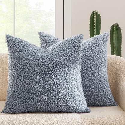 MIULEE Pack of 2 Dusty Blue Faux Fur Throw Pillow Covers 18x18 Inch Boucle Decorative Sherpa Pillow Covers Fuzzy Accent Soft Sheepskin Fleece for Boho Home Decor Sofa Living Room Couch Bed