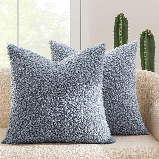 MIULEE Pack of 2 Dusty Blue Faux Fur Throw Pillow Covers 18x18 Inch Boucle Decorative Sherpa Pillow Covers Fuzzy Accent Soft Sheepskin Fleece for Boho Home Decor Sofa Living Room Couch Bed
