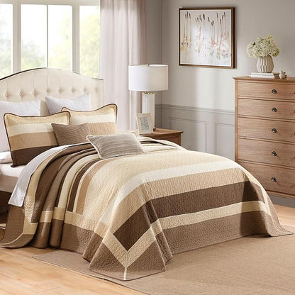 SahSahCasa 128"x120" 100% Cotton Oversized California King XL Bedspread Coverlet Quilt Set, Cal King Quilted Striped Bedspread Extra Large Quilt, Bed Spread Lightweight Comforter, Brown/Beige