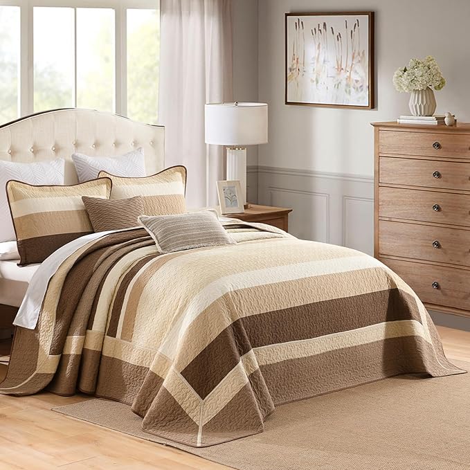 SahSahCasa 120"x102" 100% Cotton Oversized Queen Bedspread Coverlet Quilt Set, Queen Quilted Striped Bedspread Extra Large Quilt, XL Bed Spread Lightweight Comforter, 3pc, Brown/Beige