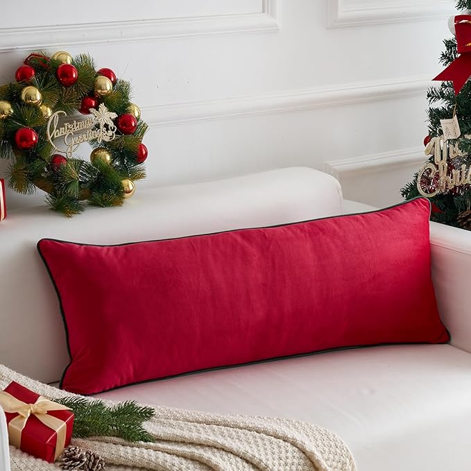 LIGICKY Christmas Long Lumbar Pillow Cover 14x36 inch Red Velvet Dark Green Rope Edging Throw Pillow Covers Decorative Rectangular Body Pillow Case Cushion Cover for Bed Couch(Cover Only)