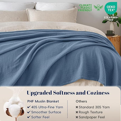 PHF 100% Cotton Muslin Blanket King Size 108"x90", 4-Layer Lightweight Gauze Throw, Breathable Cloud-Soft Minimalist Blanket for Bed, Couch, Camping & Baby, Denim Blue, Ideal Gift