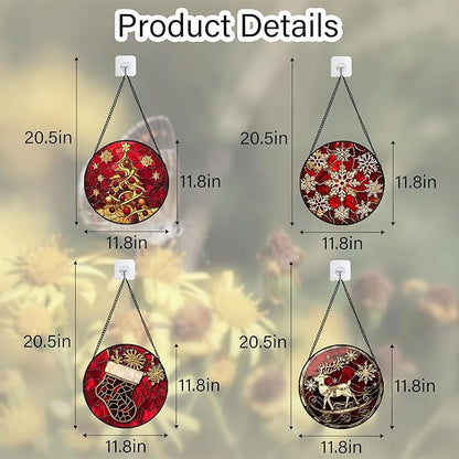 DASTOLL Stained Glass Window Hanging 4 Pcs Set Red Christmas Elk Snowflakes Large 11.8" - Deer Suncatcher Door Garden Sun Catcher Decor Birthday for Mom Woman Nana Men Friend