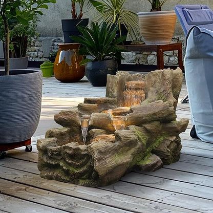 34.25" L Outdoor Water Fountain with 3 Tiers Large Cascading Realistic Tree Trunk Waterfall Fountains with LED Lights Outdoor Water Fountain for Garden Patio Backyard Porch Home Decor