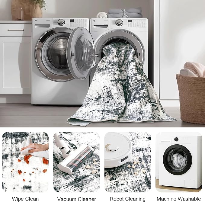 FMFUNCTEX 8x10 Washable Area Rug Black and Grey Neutral Abstract Modern Large Non Slip Carpet for Living Room Bedroom Soft Low Pile Indoor Mat Contemporary Accent Throw Rug for Dining Kitchen Nursery