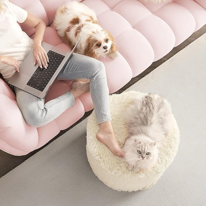Hansleep Pouf Ottoman Foam Filled 20 x 15, Faux Fur Round Ottoman Foot Rest for Chair with Washable Cover, Foot Stools Under Desk for Living Room & Bedroom, Beige