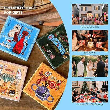 SAMCAM Colorful Art Coasters Set of 4 - Absorbent Ceramic Coasters with Protective Cork Back for Drinks, Cute Table Decor & Gift for Housewarming, 4 Inch
