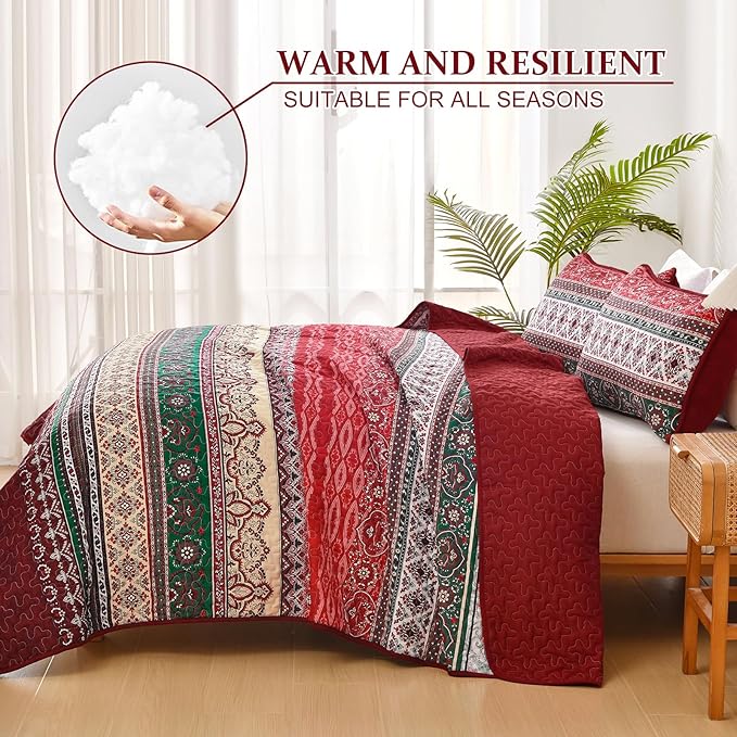 WONGS BEDDING Boho King Quilt Set, Red Bohemian Quilt Bedding Set, Lightweight Bed Decor Bedspread for All Season Reversible Microfiber Coverlet Bedding Set 103"x90"(3 Pieces)