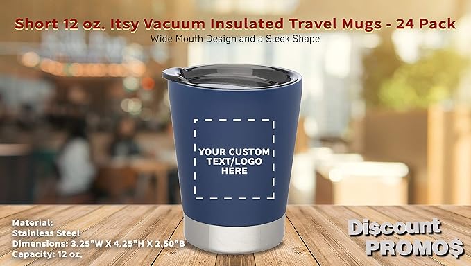 Personalized 12 oz. Itsy Vacuum Insulated Travel Mugs - 24 Pack - Custom Text, Logo - Blue