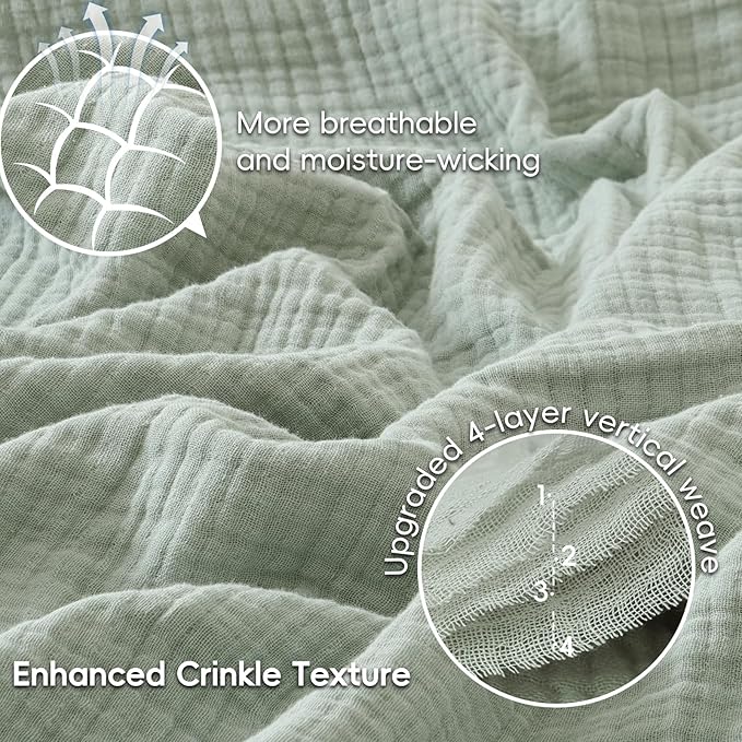 PHF 100% Cotton Muslin Throw Blanket 50" x 60", 4-Layer Lightweight Gauze Throw, Breathable Cloud-Soft Minimalist Blanket for Bed, Couch, Camping & Baby, Sage Green, Ideal Gift