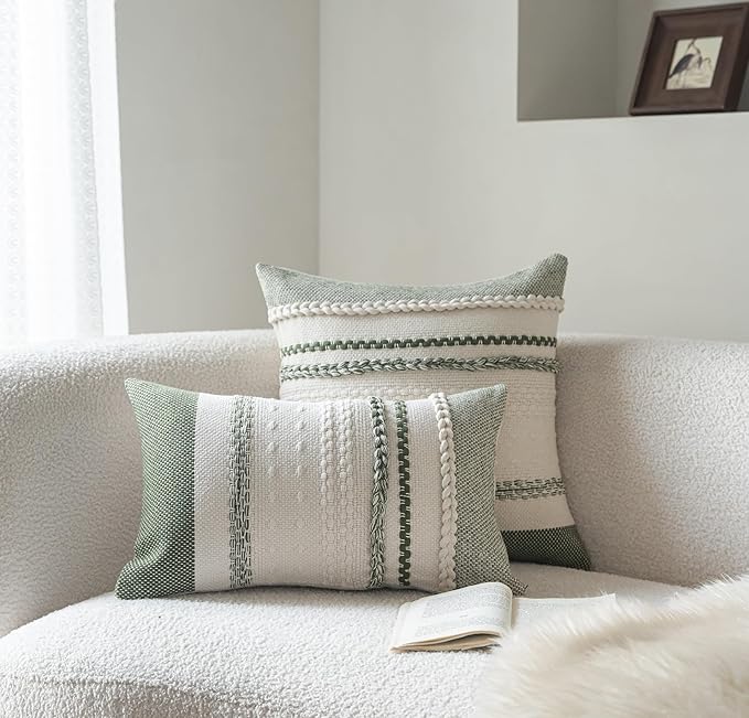 Boho Throw Pillow Covers 12x20 Inch Set of 2, Green Textured Decorative Couch Pillow Cases for Farmhouse Home Decor, Accent Cushion Cover for Sofa, Bed, Living Room, Bedroom