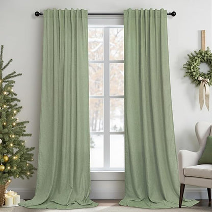 Sage Green Curtains 96 Inches Long for Living Room 2 Panels Back Tab Loop Pocket Linen Draperies Semi Privacy Sheer Light Weight Pale Green Curtains for Bedroom Office Bay Neutral Boho Farmhouse 8 FT