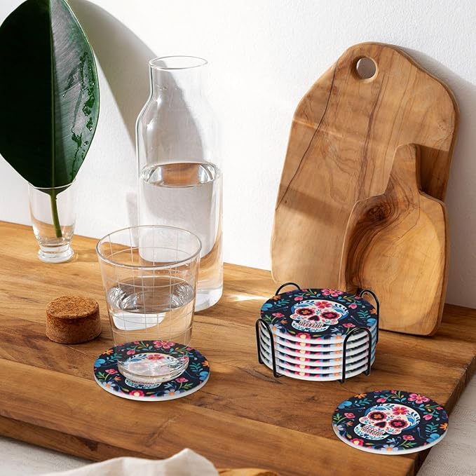 6 Pcs Ceramic Coasters with Holder Absorbent Drink Round Mexican Sugar Skull and Flowers Design for Home Table Coffee Cup Wine Beer Bar,Size 4.4 inches