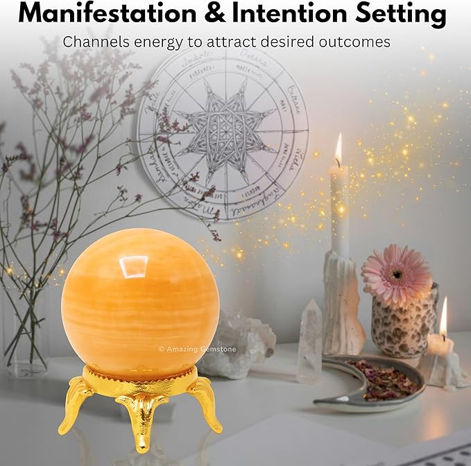 Amazing Gemstone Yellow Calcite Banded Crystal Ball with Stand - 1.5" Inches Crystal Sphere Meditation Balls for Witchcraft and Decorative Balls