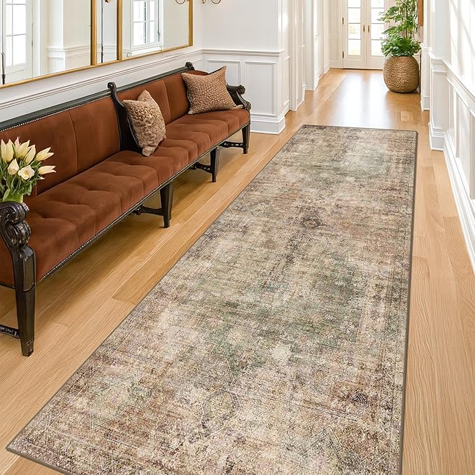 Vintage 2'6"x8' Wide Non Slip Runner Rugs for Hallway, Stain Resistant Washable Farmhouse Kitchen Rugs with Rubber Backing, Indoor Floor Mats for Entryway, Neutral Dark Medallion Abstract Décor