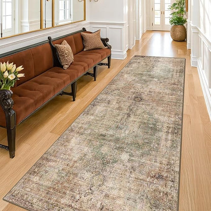 Vintage 2'6"x8' Wide Non Slip Runner Rugs for Hallway, Stain Resistant Washable Farmhouse Kitchen Rugs with Rubber Backing, Indoor Floor Mats for Entryway, Neutral Dark Medallion Abstract Décor
