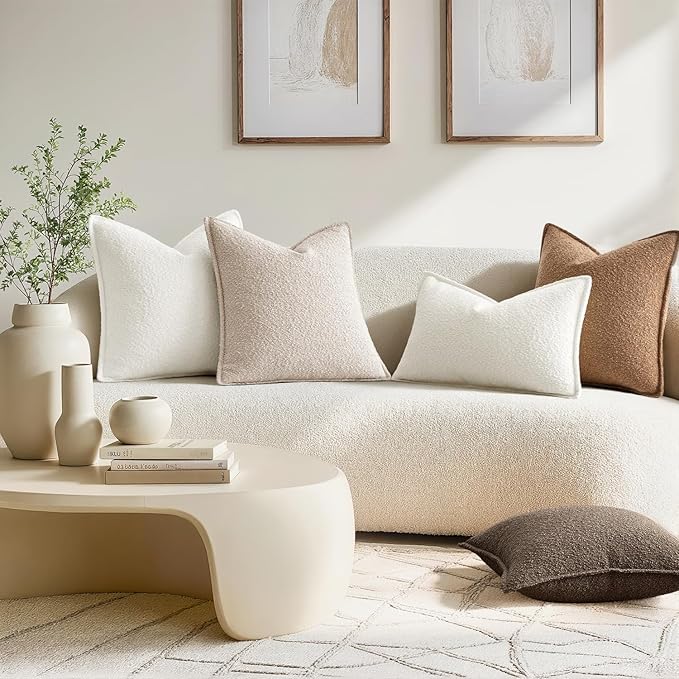 MIULEE Pack of 2 Decorative Textured Boucle Throw Pillow Covers 20x20 Inch Natural Beige Broadside Thick Boho Pillows for Farmhouse Accents Sofa Couch Bedroom Living Room Home Decor
