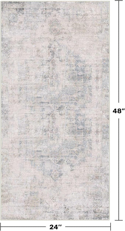 Light Blue 2x4 Runner Rug for Entryway Indoor, Kitchen Floor Waterproof, Bathroom, Powder Room, Washable Non Slip Low Pile Stain & Fade Resistant, Modern Eclectic Dusty Blue Décor