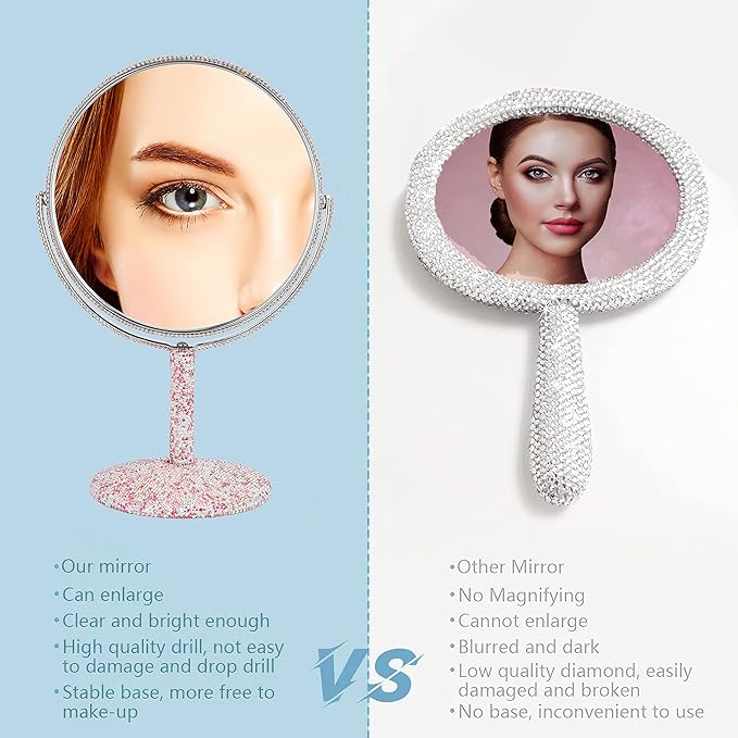 KEYPOWER Bling Rhinestone Makeup Vanity Mirror Round with Stand Double Side Cosmetic Glitter Movable Desk Bathroom Bedroom Tabletop(Pink)