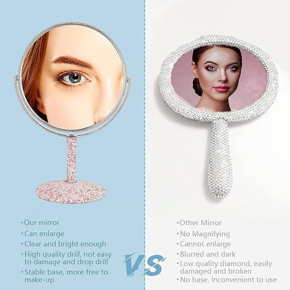 KEYPOWER Bling Rhinestone Makeup Vanity Mirror Round with Stand Double Side Cosmetic Glitter Movable Desk Bathroom Bedroom Tabletop(Pink)