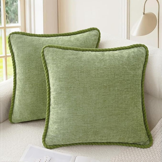 CaliTime Decorative Couch Throw Pillow Covers 16 X 16 Inches Pack of 2 Cozy Chenille Piping Edge Cushion Cases for Sofa Bed Living Room Home Sage Green