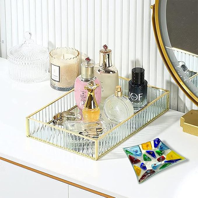 LADY&HOME Glass Decorative Jewelry Tray,Fused Art Glass Silver Foil Trinket Dish for Earrings,Necklace,Keys,Birthday Mother's Day Christmas Gifts for Women (Triangle)