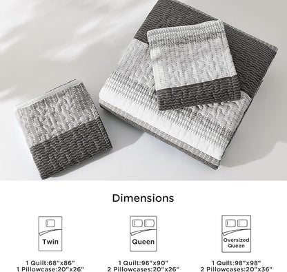 Litanika Quilt Queen Size Dark Grey, Stripe Patchwork Summer Bedspread Coverlet 3 Pieces, Soft Lightweight Microfiber Quilted Bedding Set for All Season(1 Quilt, 2 Pillowcases)