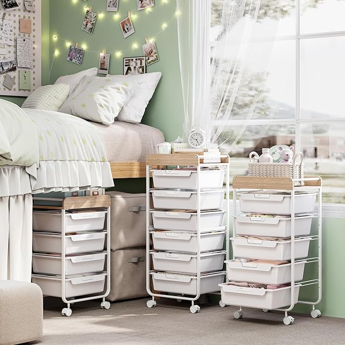 Rolling Storage Utility Cart With 6 Drawers,Art Supply Craft Organizer,Sewing Makeup Organizer And Storage,Office Organization Wooden Tabletop,White