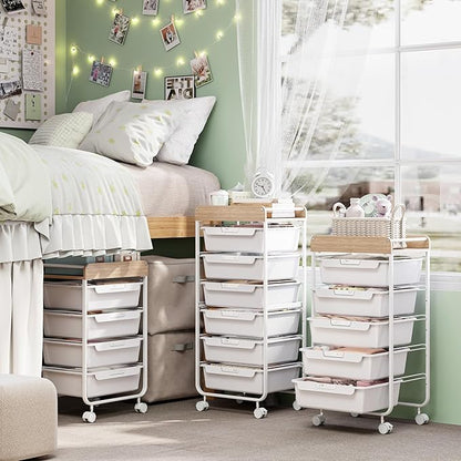 Rolling Storage Utility Cart With 6 Drawers,Art Supply Craft Organizer,Sewing Makeup Organizer And Storage,Office Organization Wooden Tabletop,White