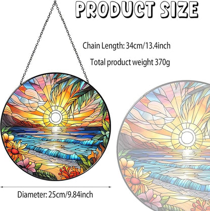 Beach Sunset Sun Catcher Stained Glass Window Hanging 9.8'', Beach Lovers Gifts for Women Kitchen Decor Landscape Decoration for Home Garden Housewarming Gifts