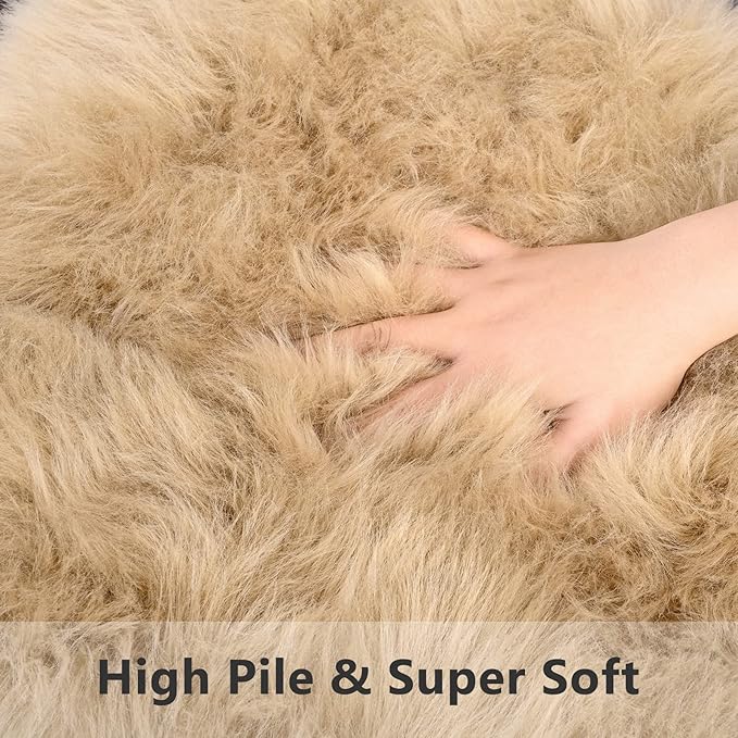 Softlife Camel Faux Fur Sheepskin Chair Cover 2 PCs Seat Cushion Pad Super Soft Area Rugs for Living Bedroom Sofa Dorm (1.6ft x 1.6ft)