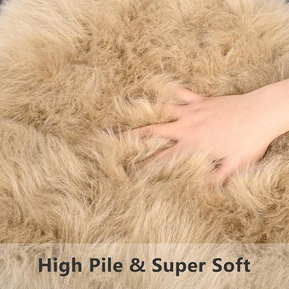 Softlife Camel Faux Fur Sheepskin Chair Cover 2 PCs Seat Cushion Pad Super Soft Area Rugs for Living Bedroom Sofa Dorm (1.6ft x 1.6ft)
