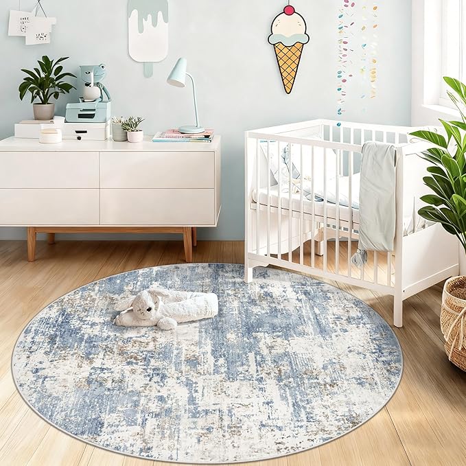 Round Rug 4ft for Bedroom, Washable Modern Abstract Circle Rug Neutral Soft Non Slip Kids Rug Stain Resistant Indoor Carpet for Living Room Nursery Playroom Dorm Girls Boys Room(Blue, 4' Round)